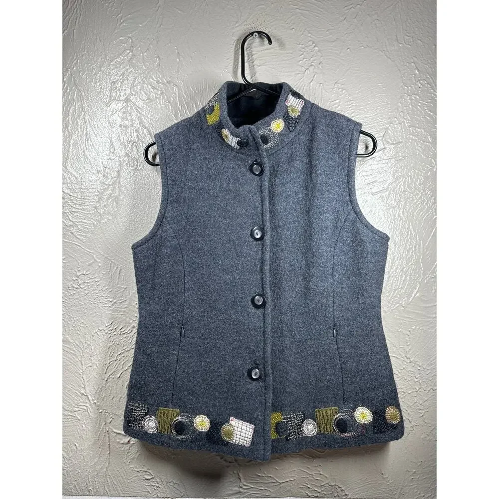 Icelandic Design Womens Vest Black‎ Patchwork 100% Wool Button Front Size Small
